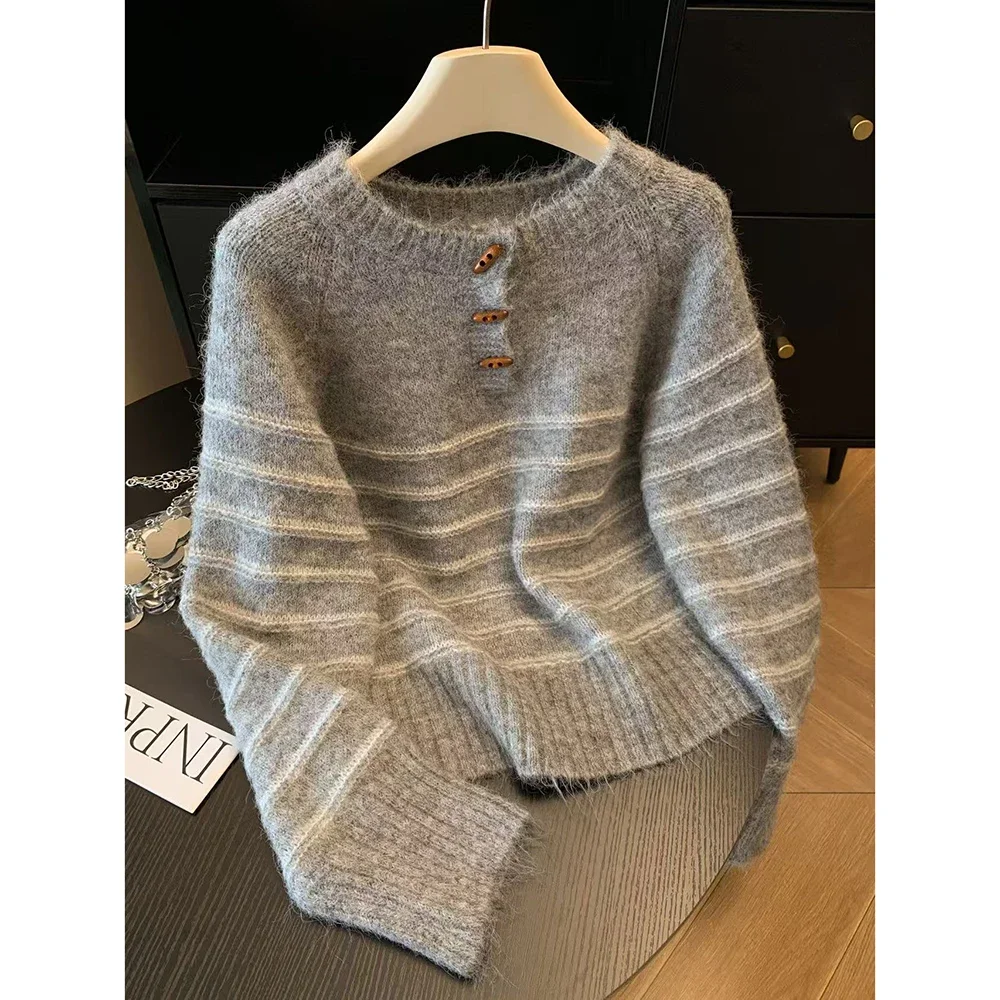 Embroidery Knit - Sonbahar Kış Kadın Çizgili Yün Kaşmir