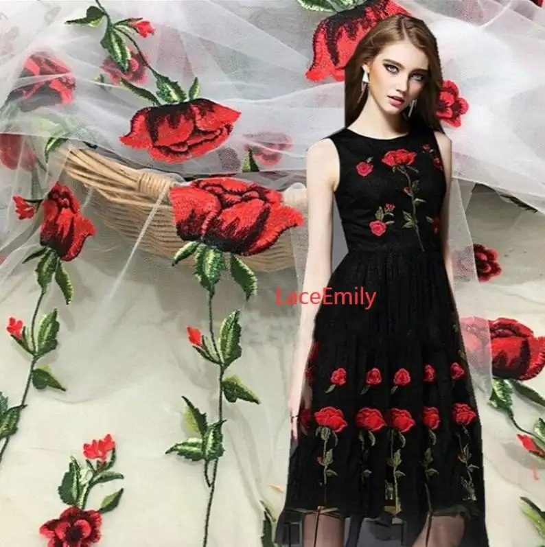 Embroidery Veil - Kırmızı Gül Dantel Kumaş çiçek nakış