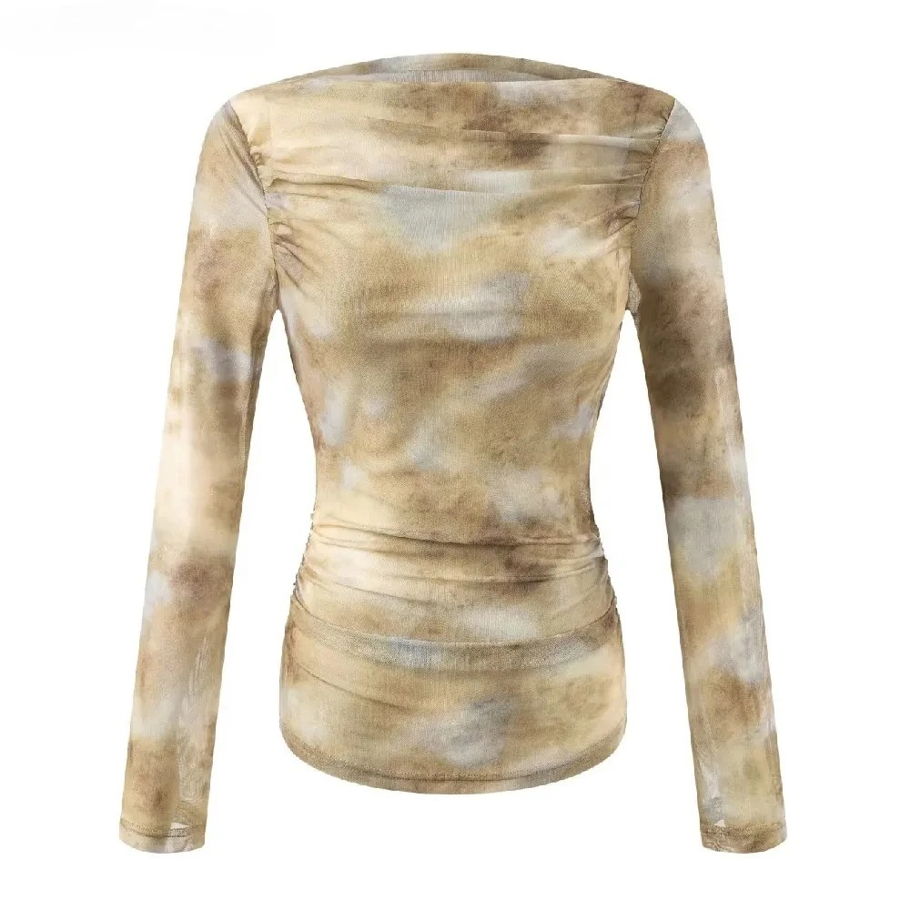 Embroidery Print - 2025 Seksi Tie-Dye Baskılı Büzgülü Omuzlu