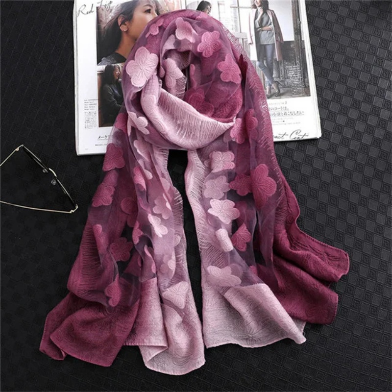 Embroidery Shawl - Kadın simülasyon ipek kesme çiçek eşarp