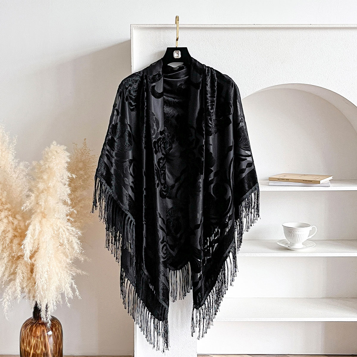 Embroidery Shawl - Retro Kadife Püskül Eşarp Çiçek Nakış